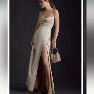 BHLDN Remy Cowl‎ Neck Faux-Wrap Satin Gown Champagne 6